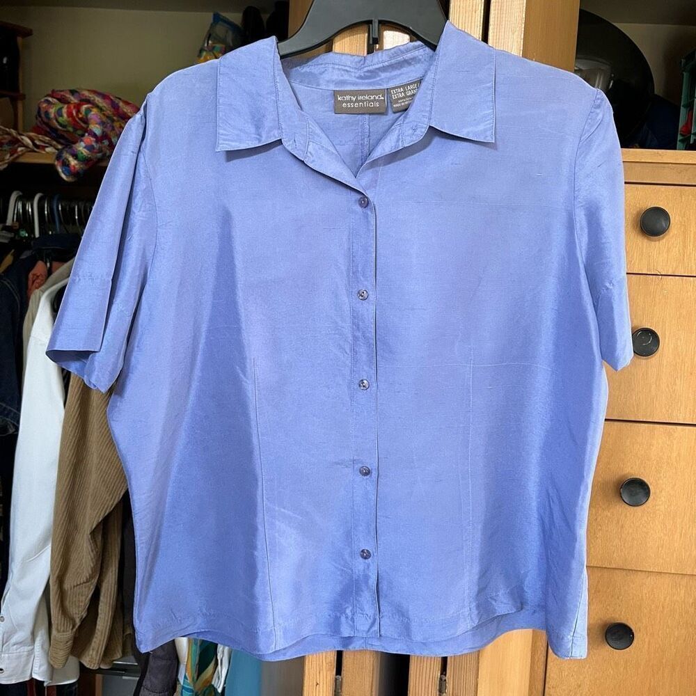 Kathy Ireland Essentials Silk Dupion Shirt XL – Periwinkle Blue Short Sleeve Blo